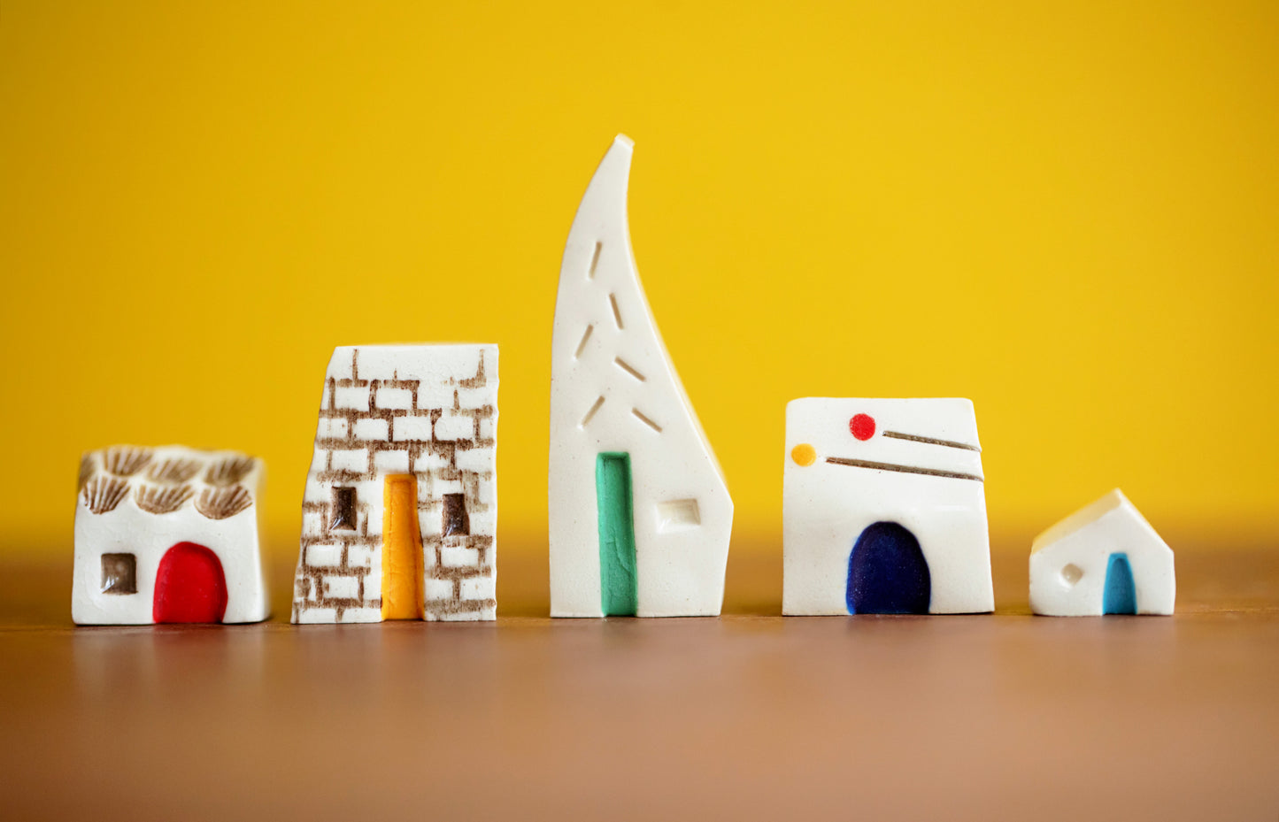 Tiny Mod Rainbow Ceramic Village of Five Houses