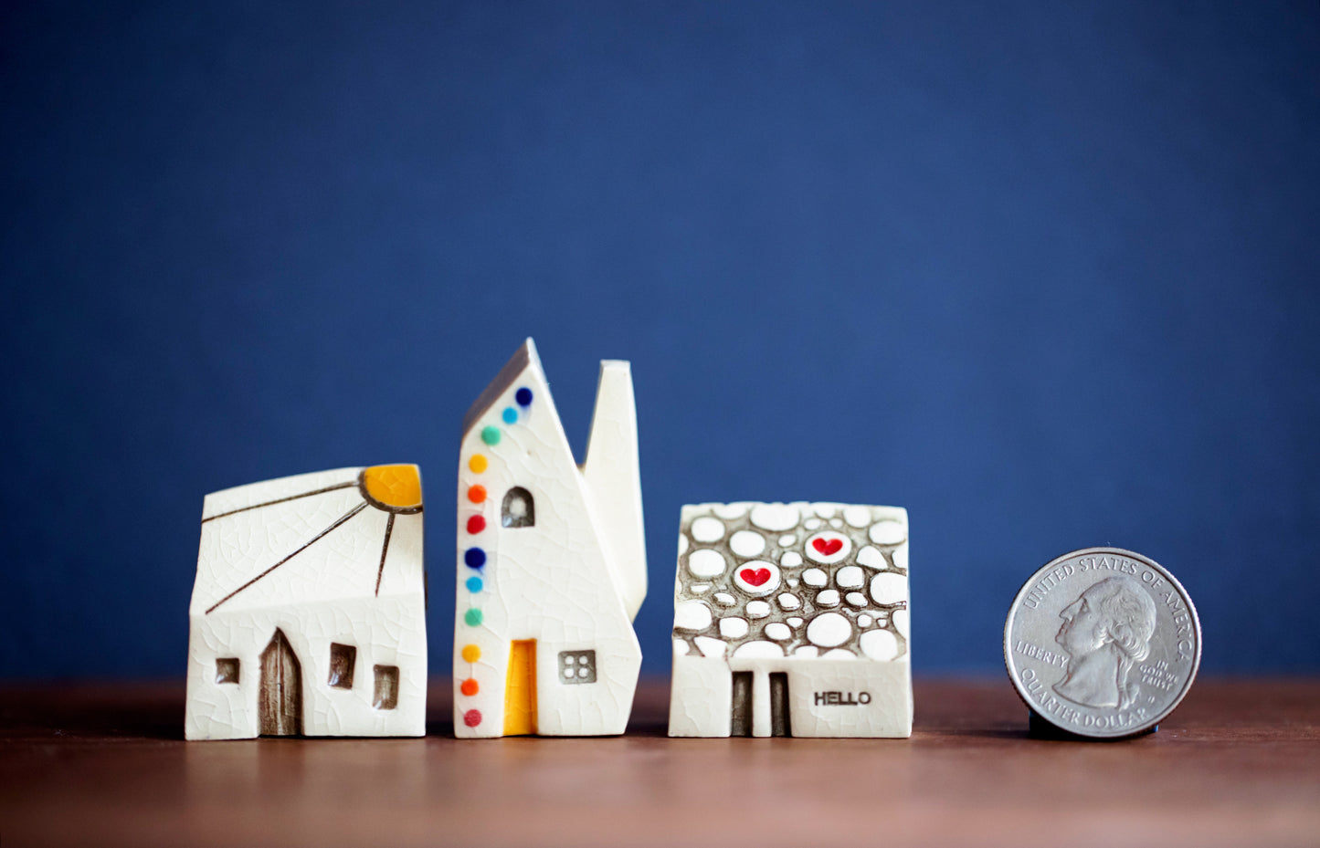 Small Set of Three Ceramic Houses with Sunshine, Hearts and Rainbow