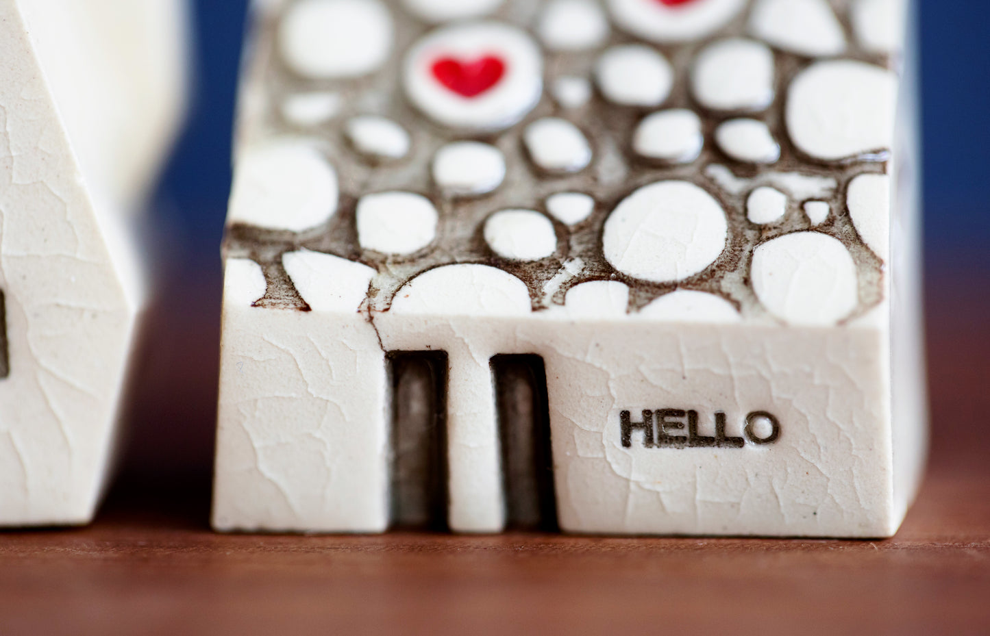 Small Set of Three Ceramic Houses with Sunshine, Hearts and Rainbow