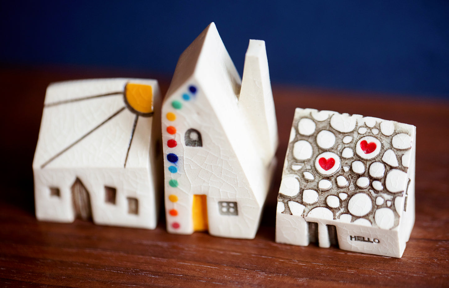 Small Set of Three Ceramic Houses with Sunshine, Hearts and Rainbow