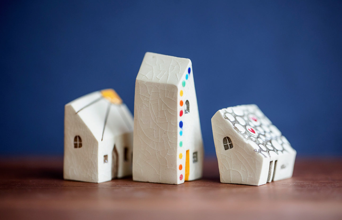 Small Set of Three Ceramic Houses with Sunshine, Hearts and Rainbow