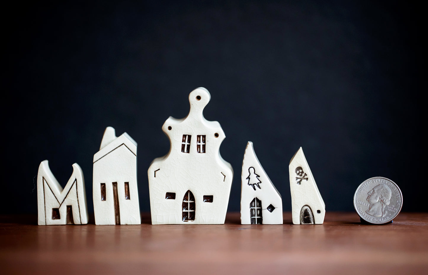 Haunted Village of Ceramic Houses with Ghost Girl and Skull