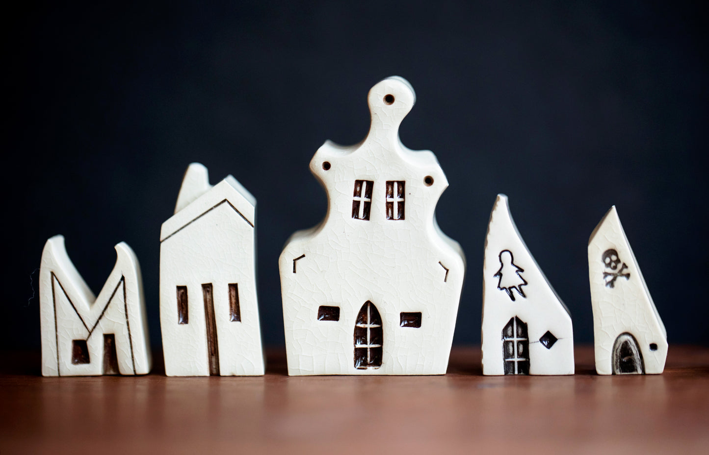 Haunted Village of Ceramic Houses with Ghost Girl and Skull