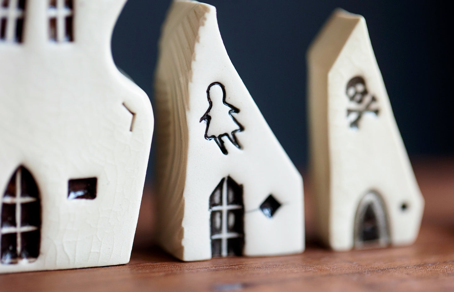 Haunted Village of Ceramic Houses with Ghost Girl and Skull