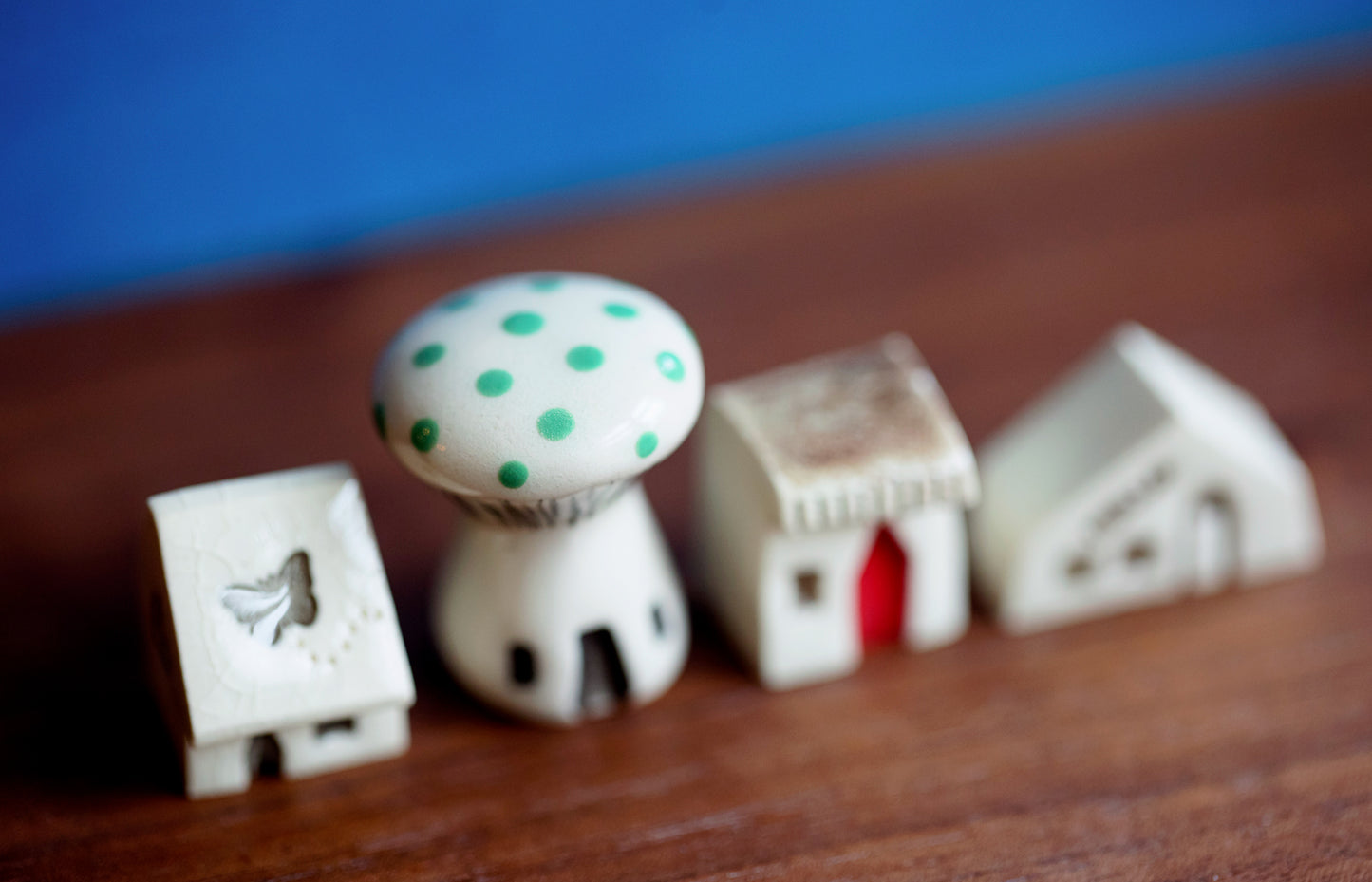 Tiny Village of Ceramic Houses and A Mushroom with Green Dots