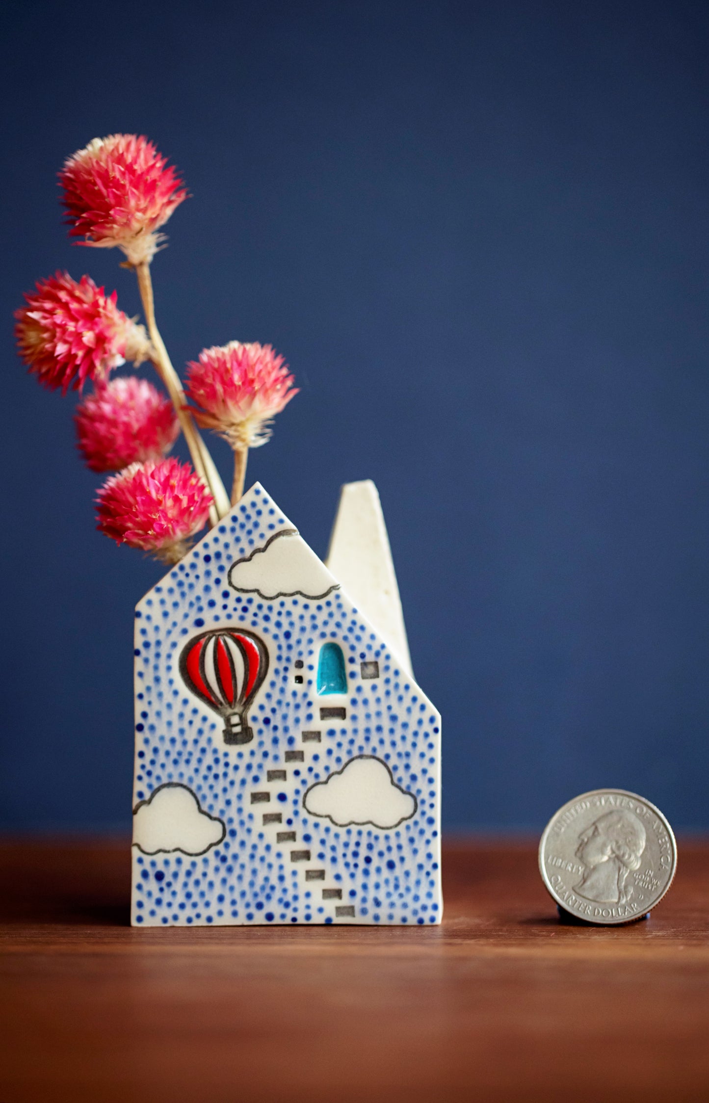 Bud Vase House with Hot Air Balloon and Blue Dots and Clouds