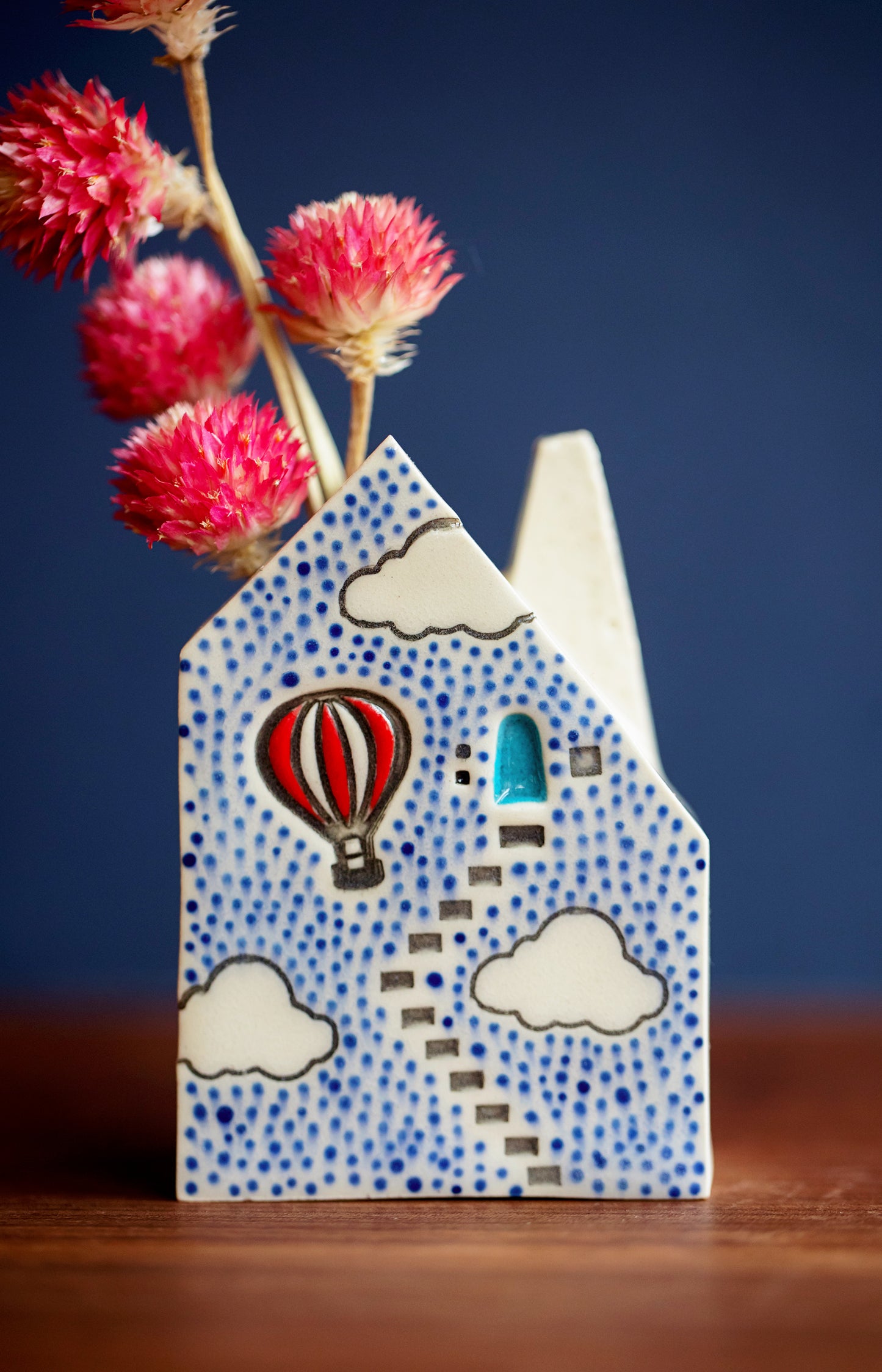 Bud Vase House with Hot Air Balloon and Blue Dots and Clouds