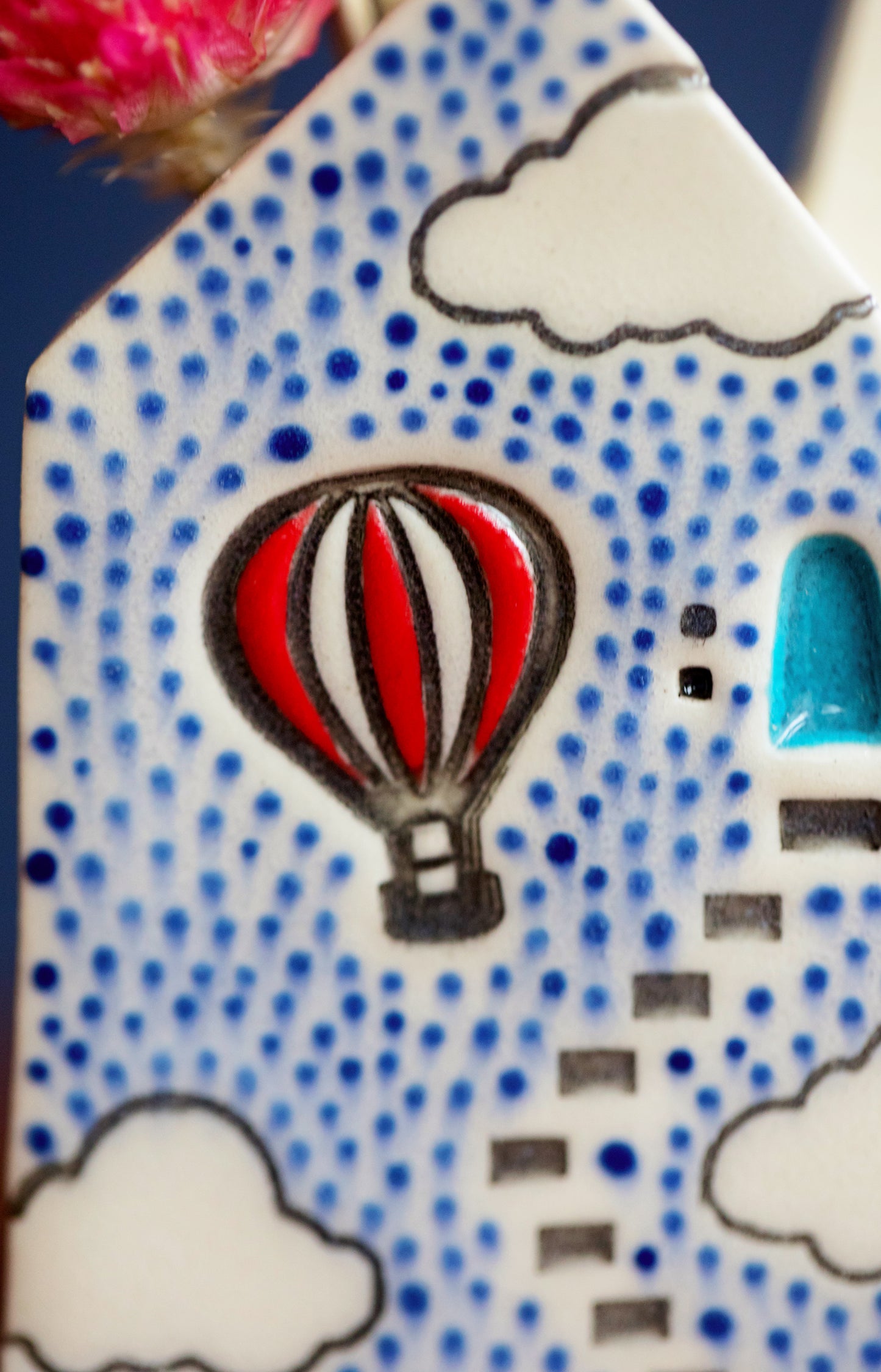 Bud Vase House with Hot Air Balloon and Blue Dots and Clouds