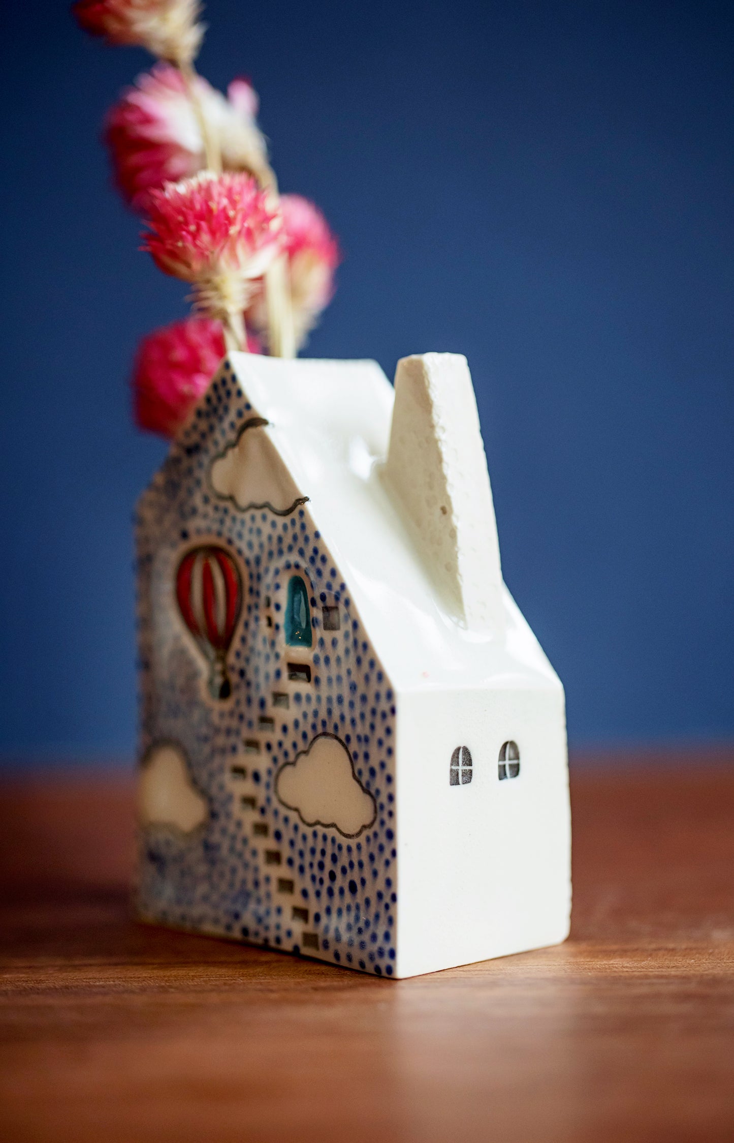 Bud Vase House with Hot Air Balloon and Blue Dots and Clouds
