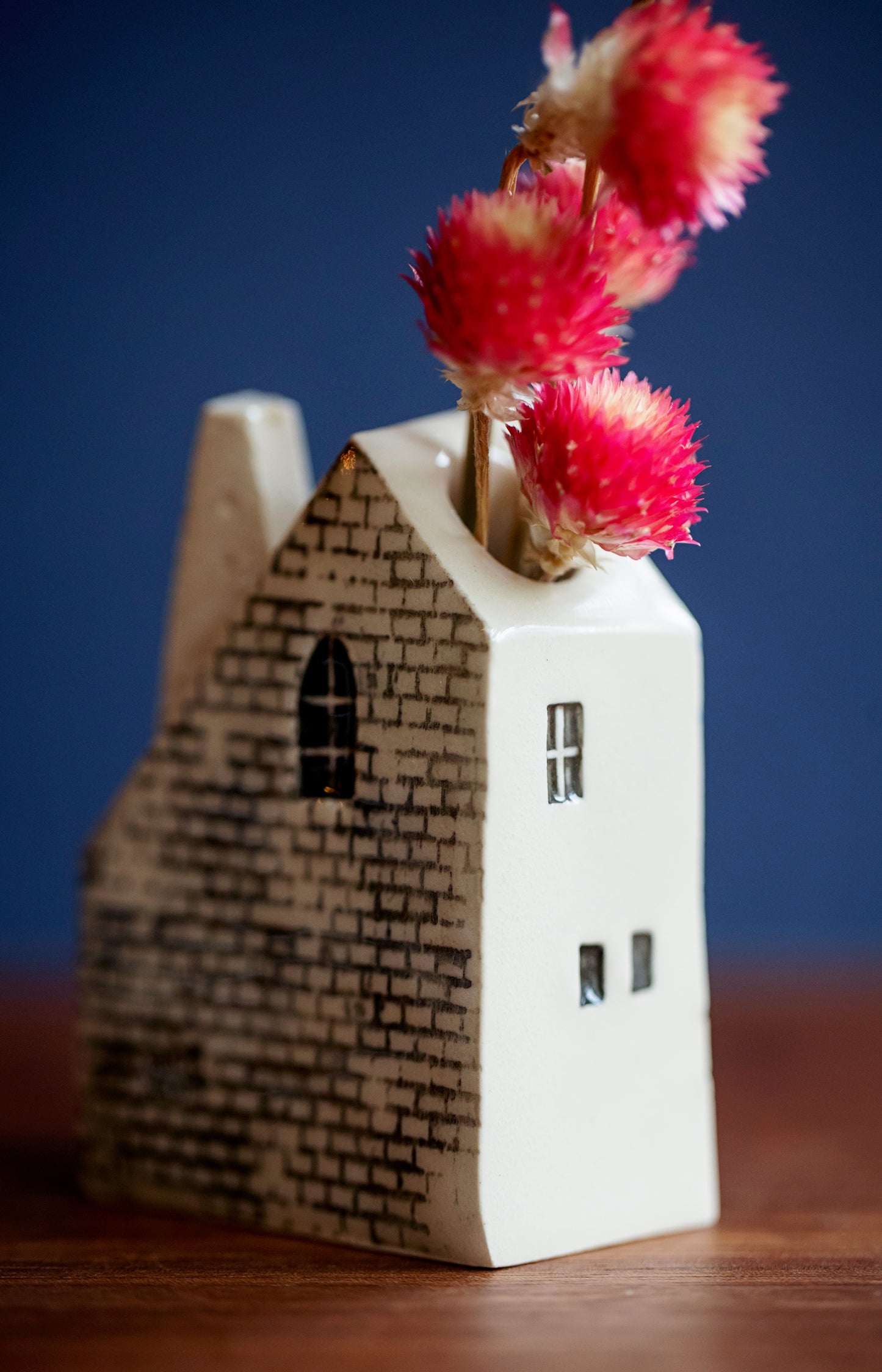 Bud Vase House with Hot Air Balloon and Blue Dots and Clouds