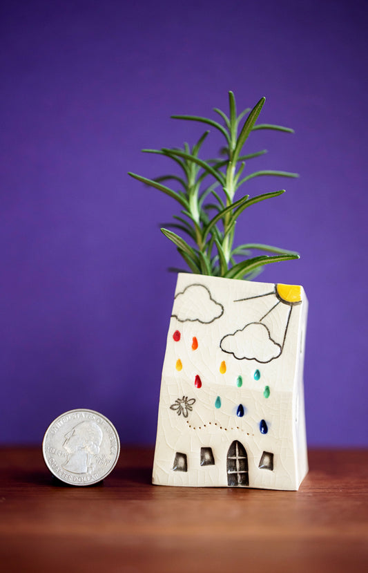 Rainbow Cloud House Bud Vase with Honeybee