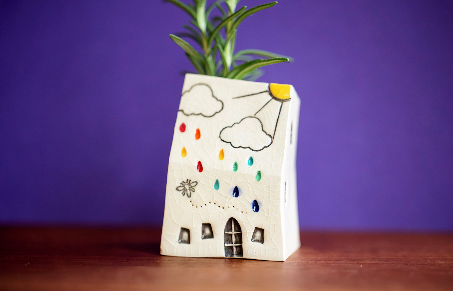 Rainbow Cloud House Bud Vase with Honeybee