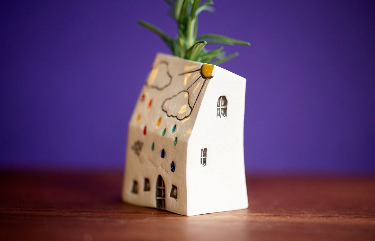 Rainbow Cloud House Bud Vase with Honeybee