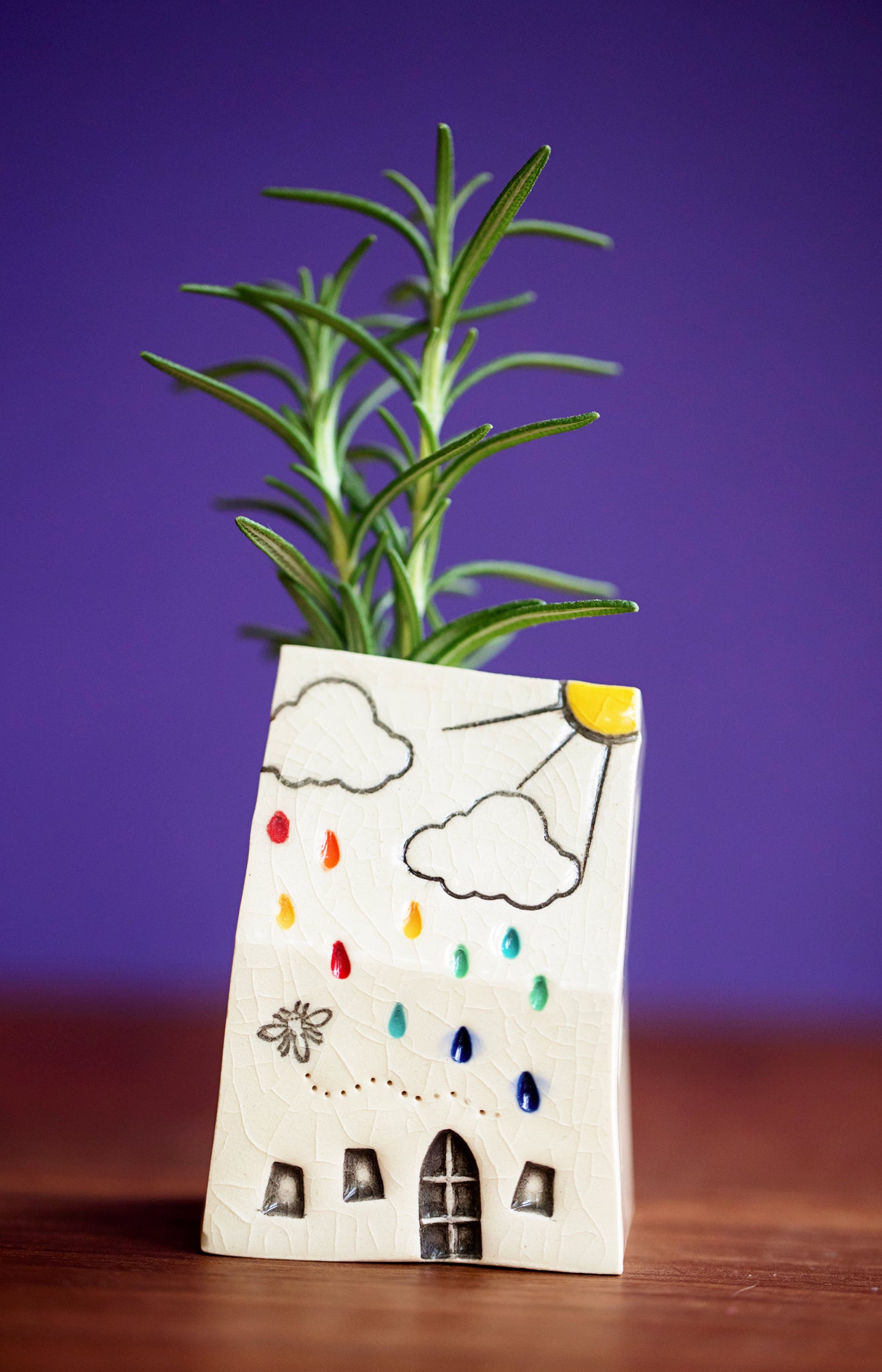 Rainbow Cloud House Bud Vase with Honeybee