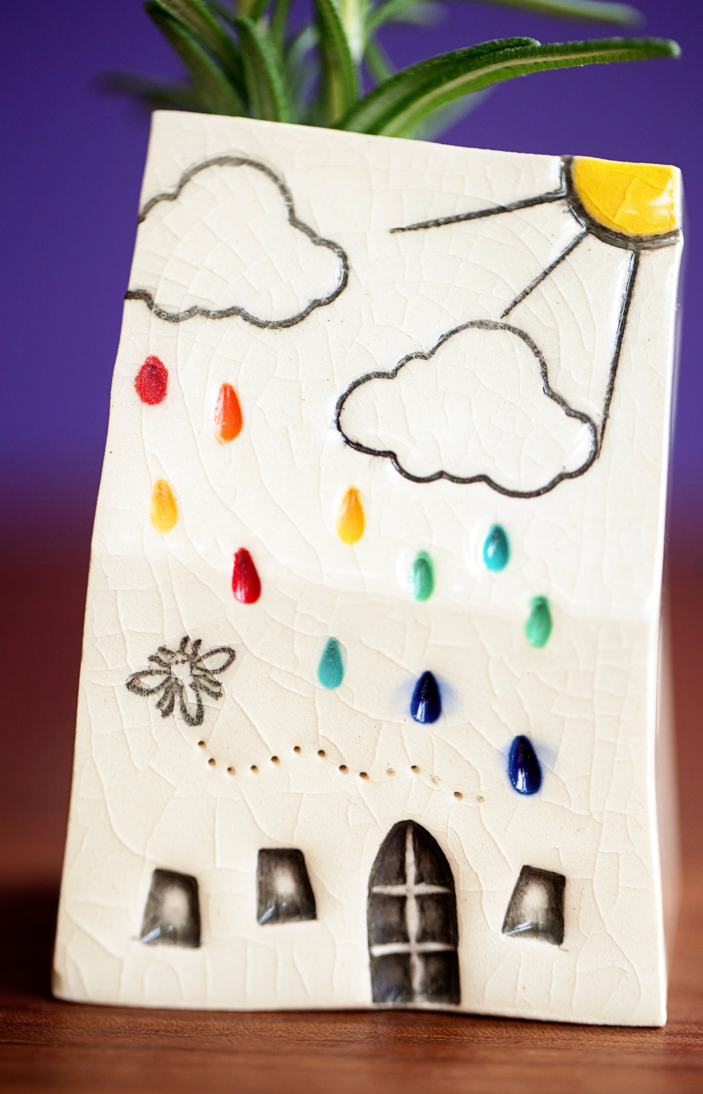 Rainbow Cloud House Bud Vase with Honeybee