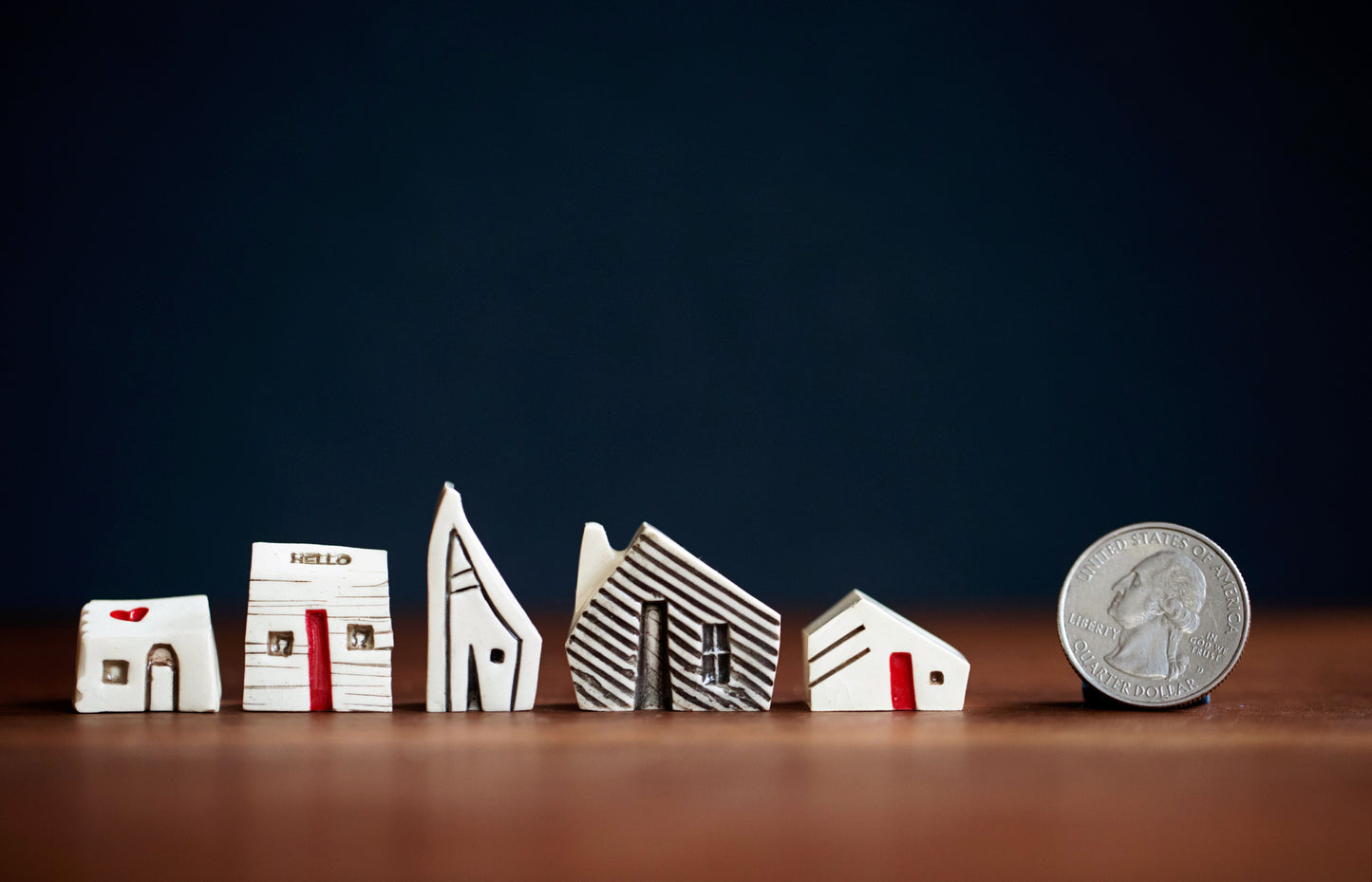Tiny Ceramic Village with Cats and Red Heart