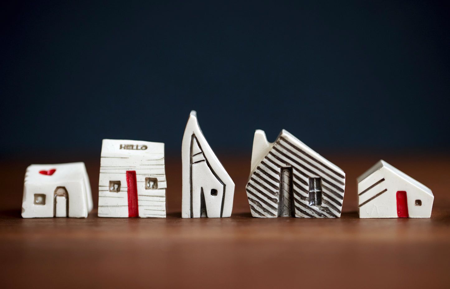 Tiny Ceramic Village with Cats and Red Heart