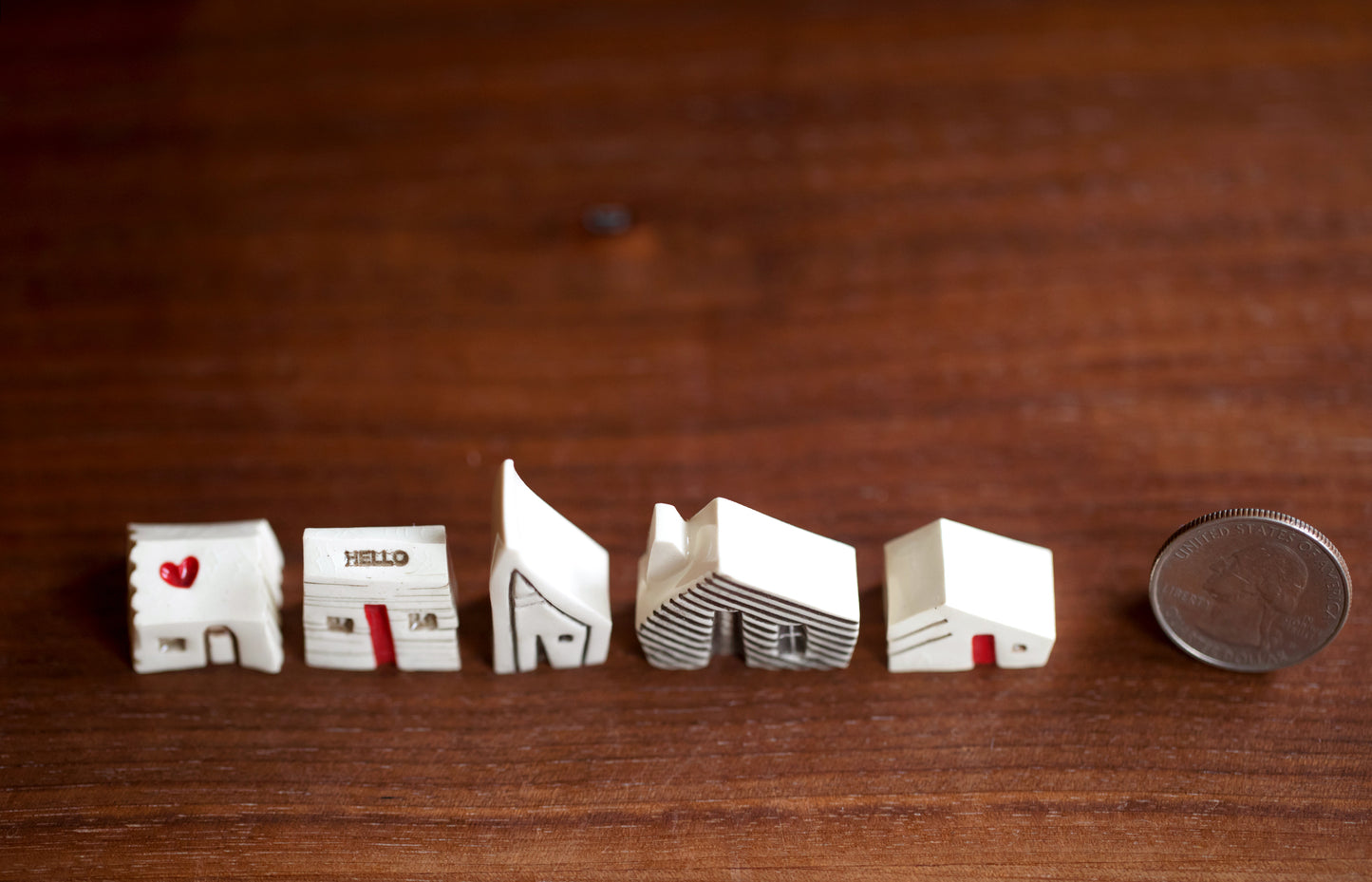 Tiny Ceramic Village with Cats and Red Heart