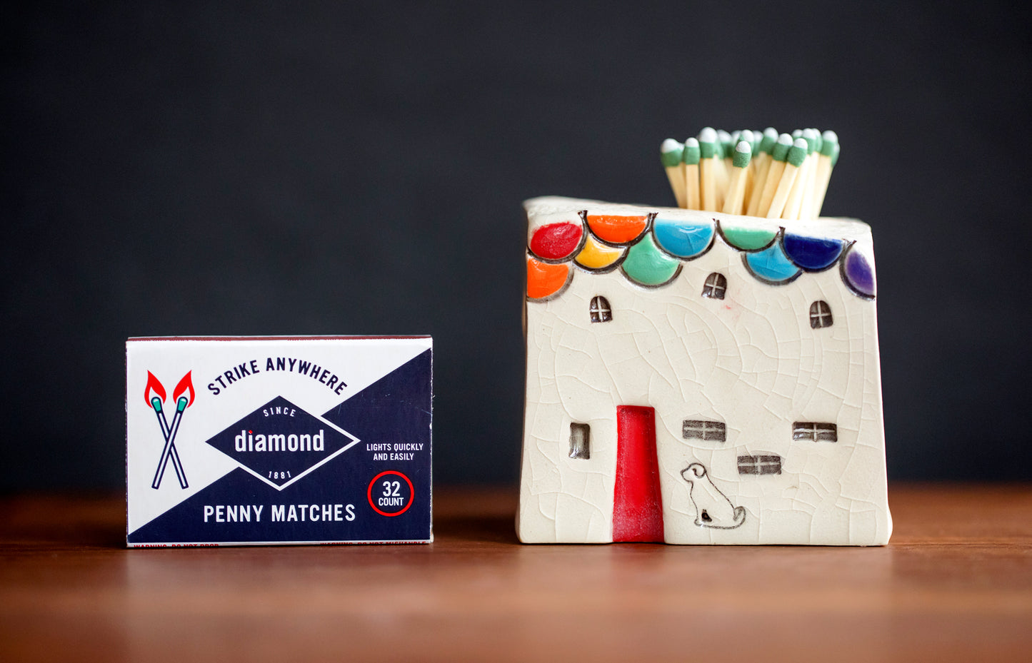 Ceramic Match Striker Cottage with Dog and Rainbow Scallop Roof