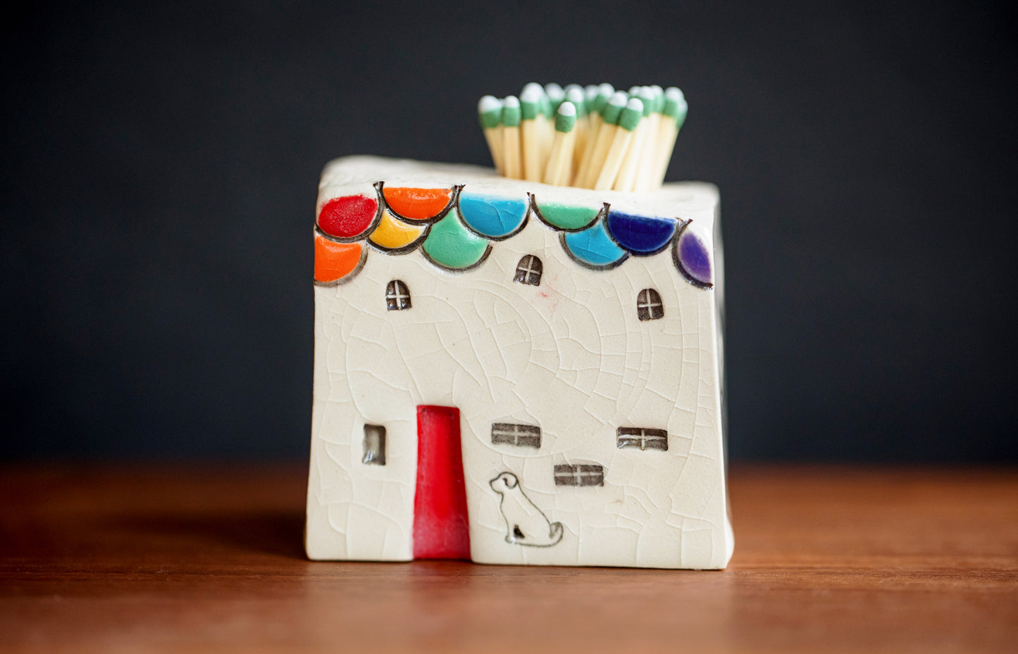 Ceramic Match Striker Cottage with Dog and Rainbow Scallop Roof
