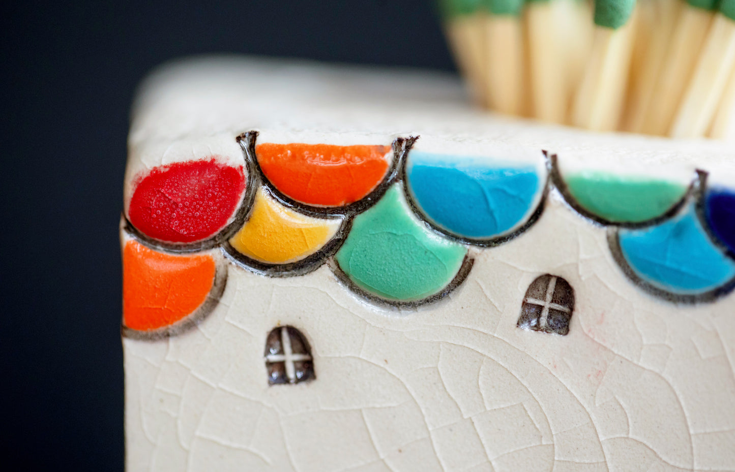 Ceramic Match Striker Cottage with Dog and Rainbow Scallop Roof