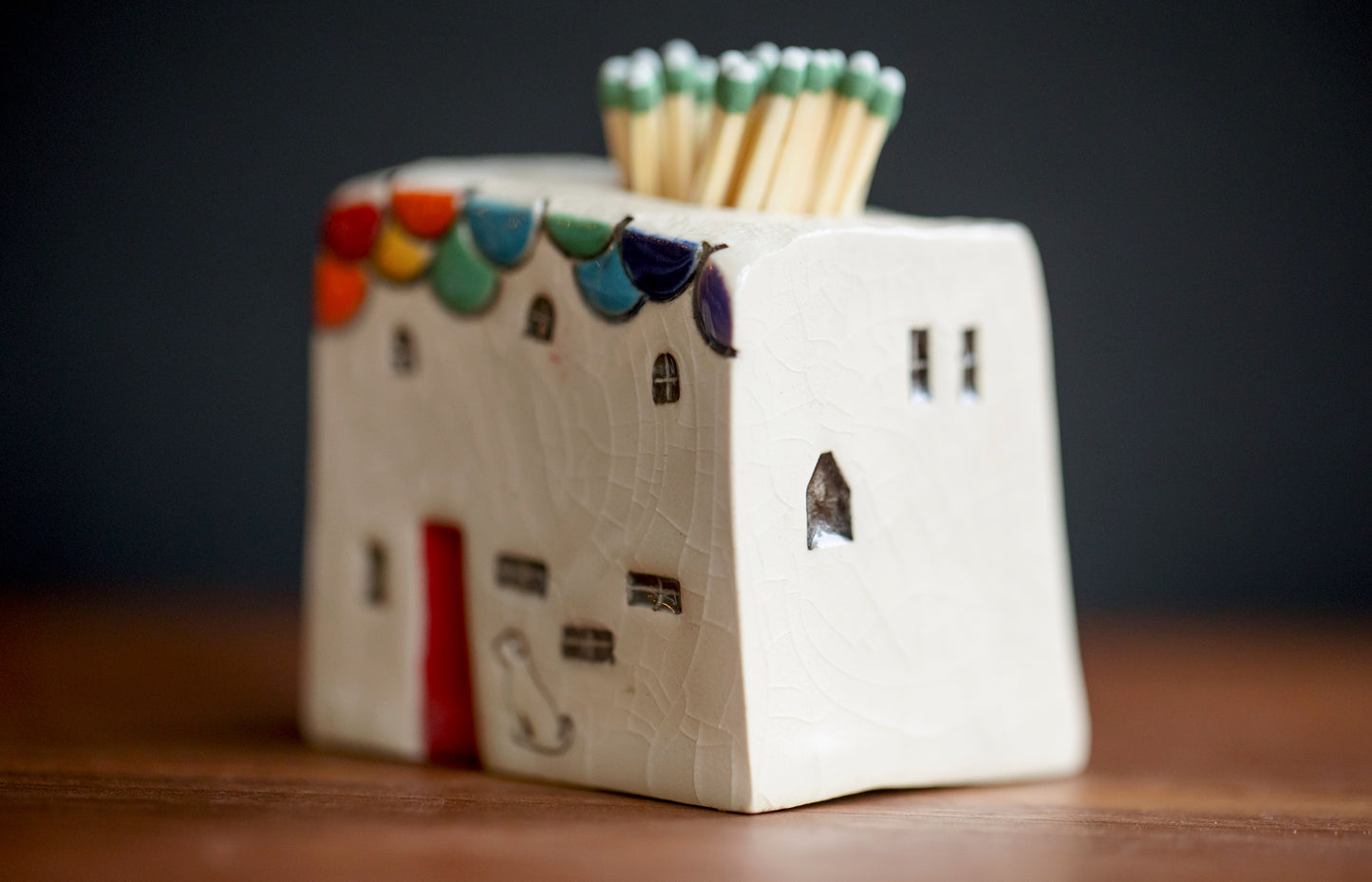 Ceramic Match Striker Cottage with Dog and Rainbow Scallop Roof