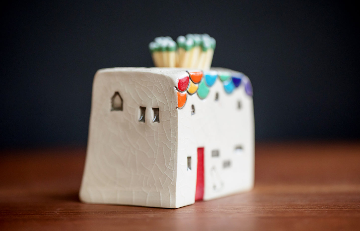 Ceramic Match Striker Cottage with Dog and Rainbow Scallop Roof