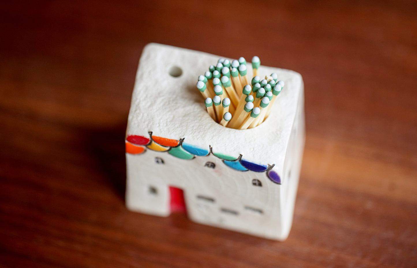 Ceramic Match Striker Cottage with Dog and Rainbow Scallop Roof