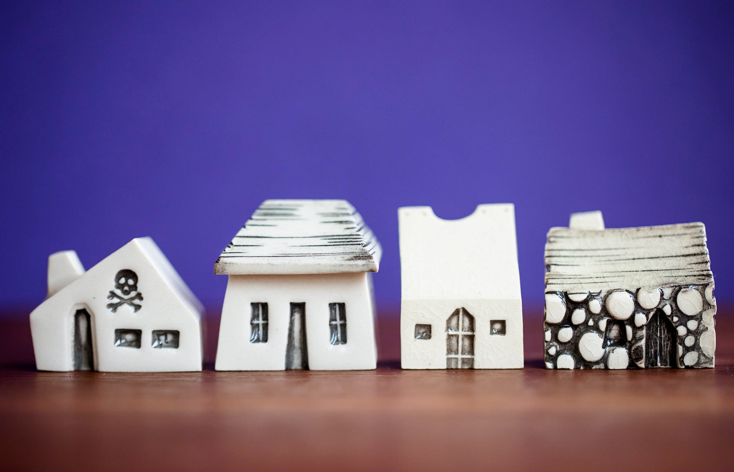 Spooky Halloween Ceramic Houses Village with Skull and Cat