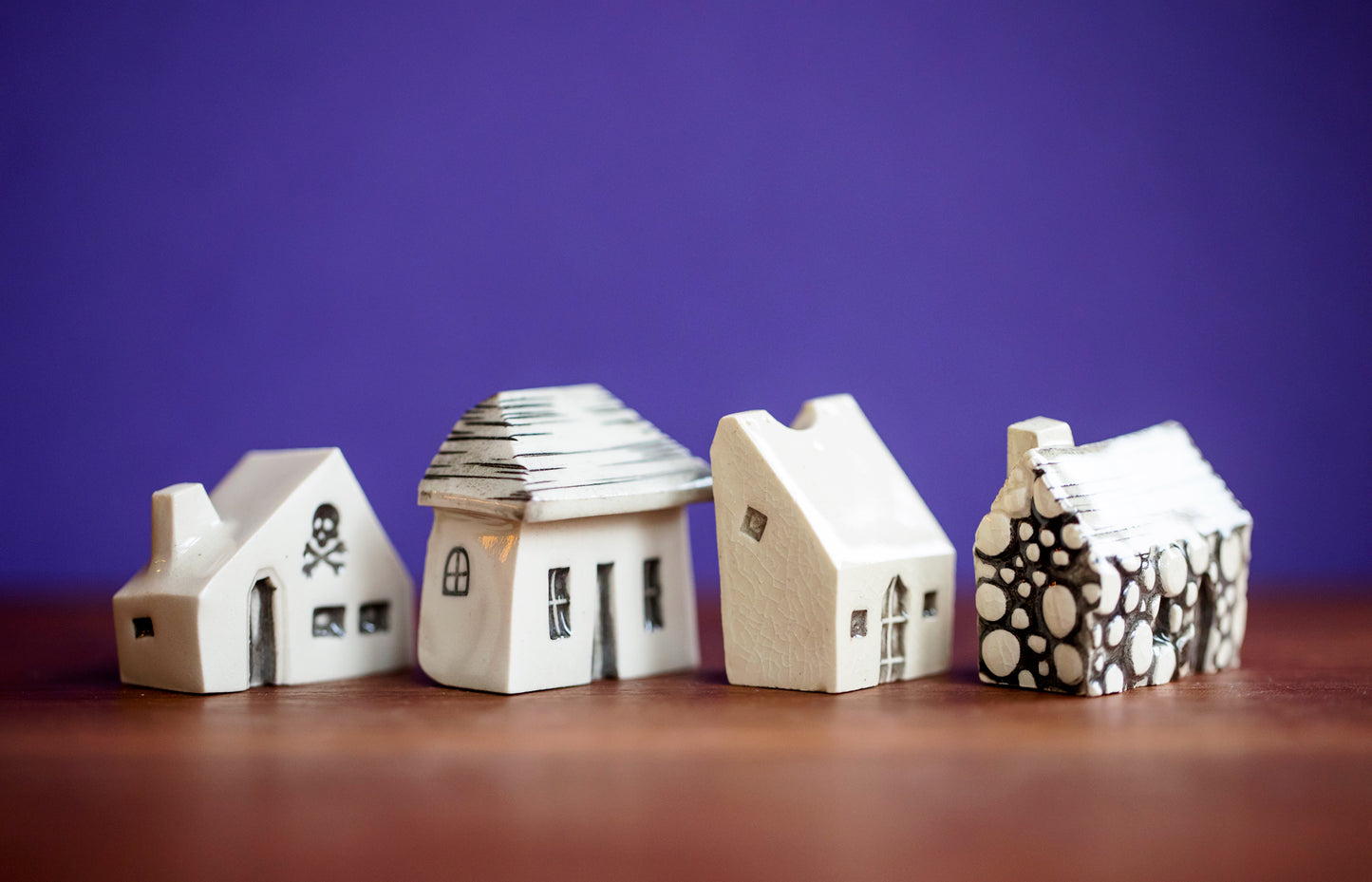 Spooky Halloween Ceramic Houses Village with Skull and Cat