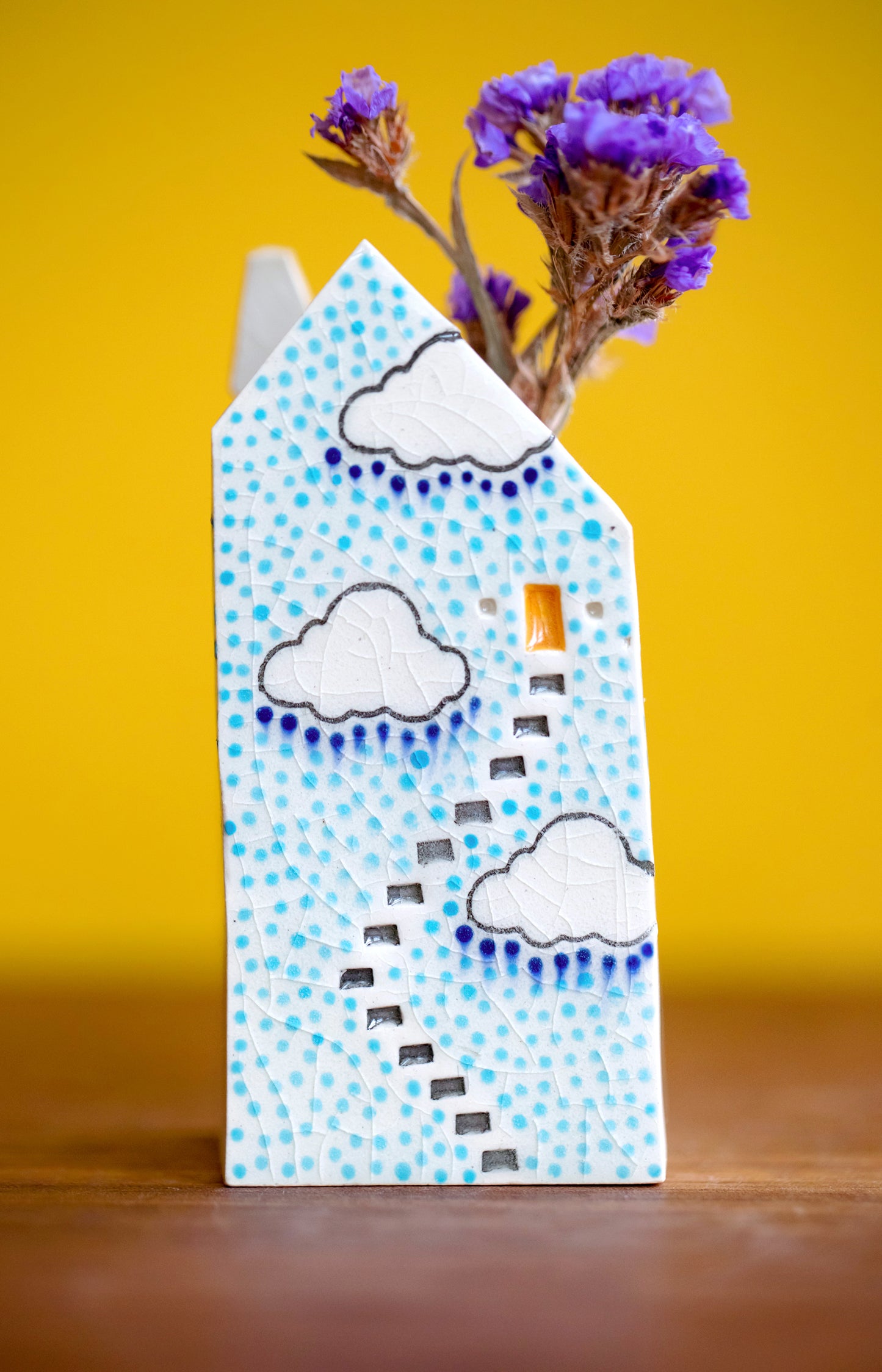 Polka Dot Cloud Bud Vase with Yellow Door and Secret Staircase