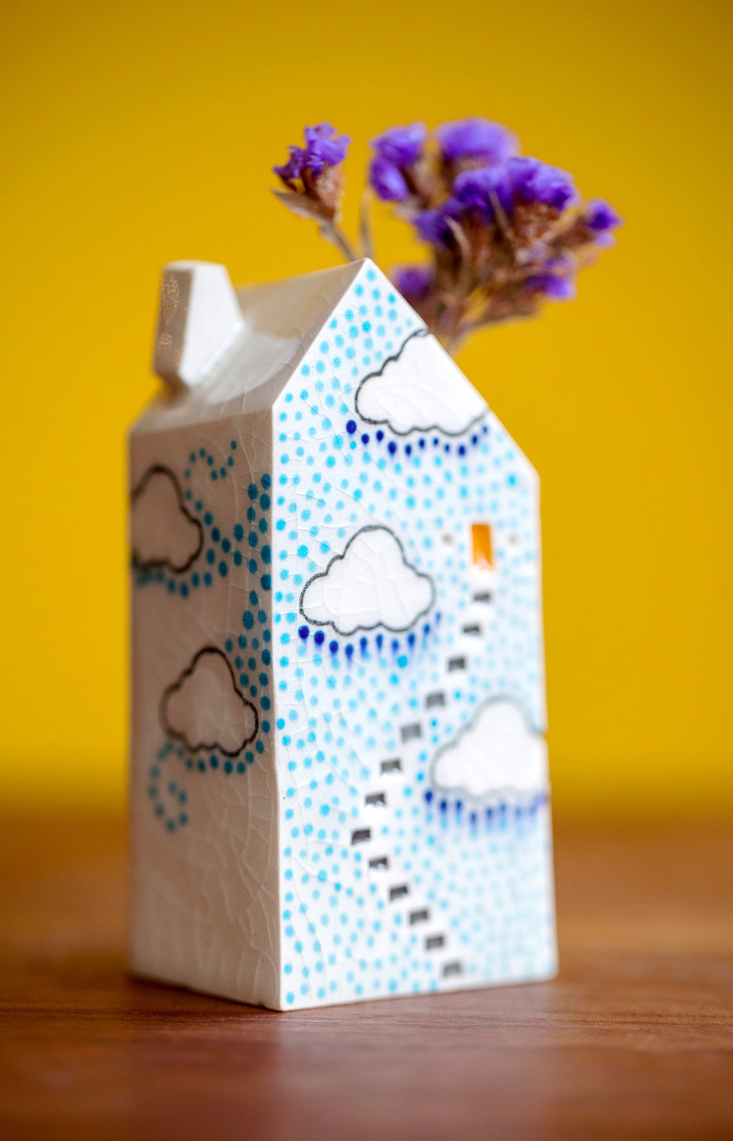 Polka Dot Cloud Bud Vase with Yellow Door and Secret Staircase