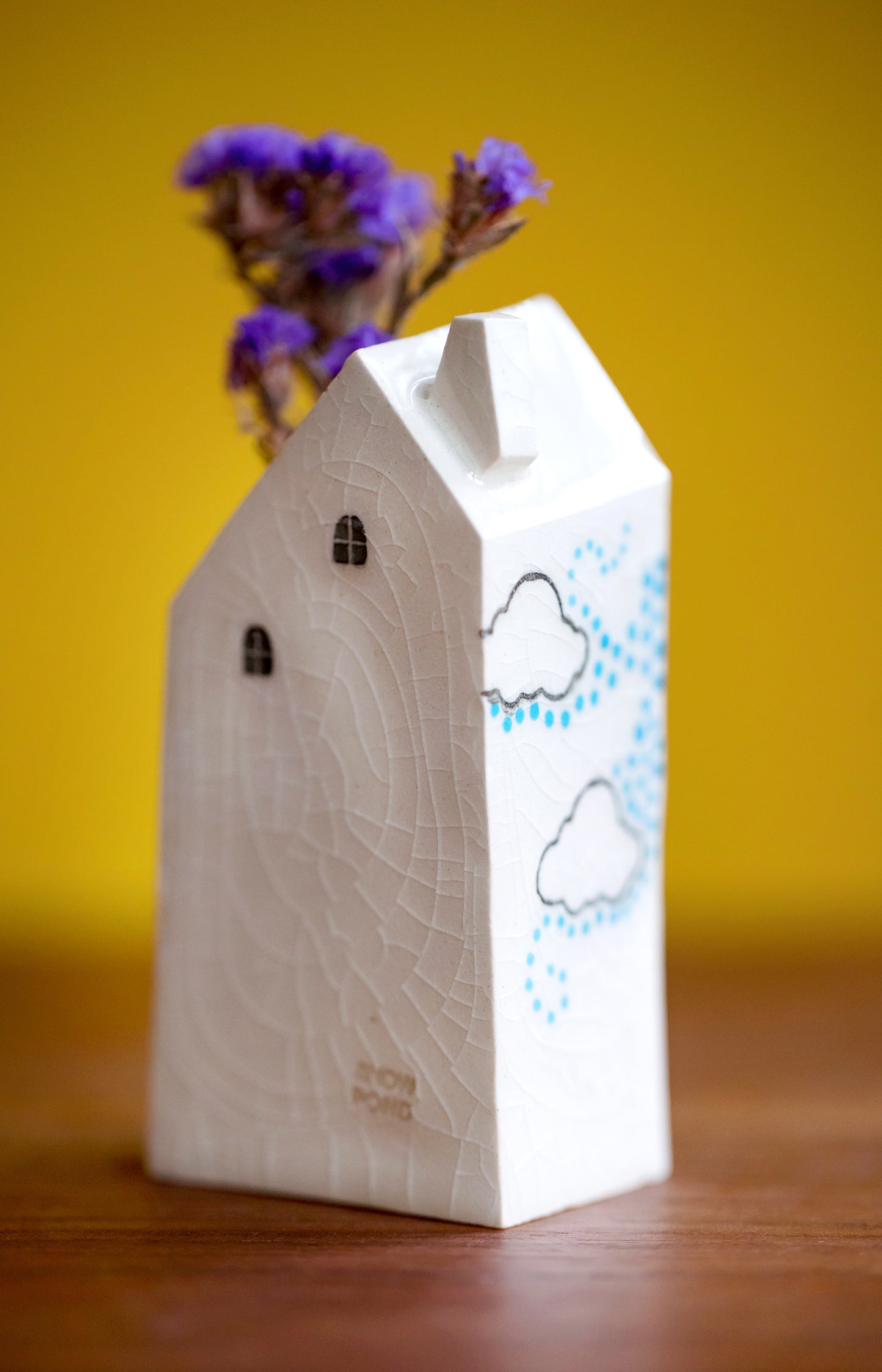 Polka Dot Cloud Bud Vase with Yellow Door and Secret Staircase
