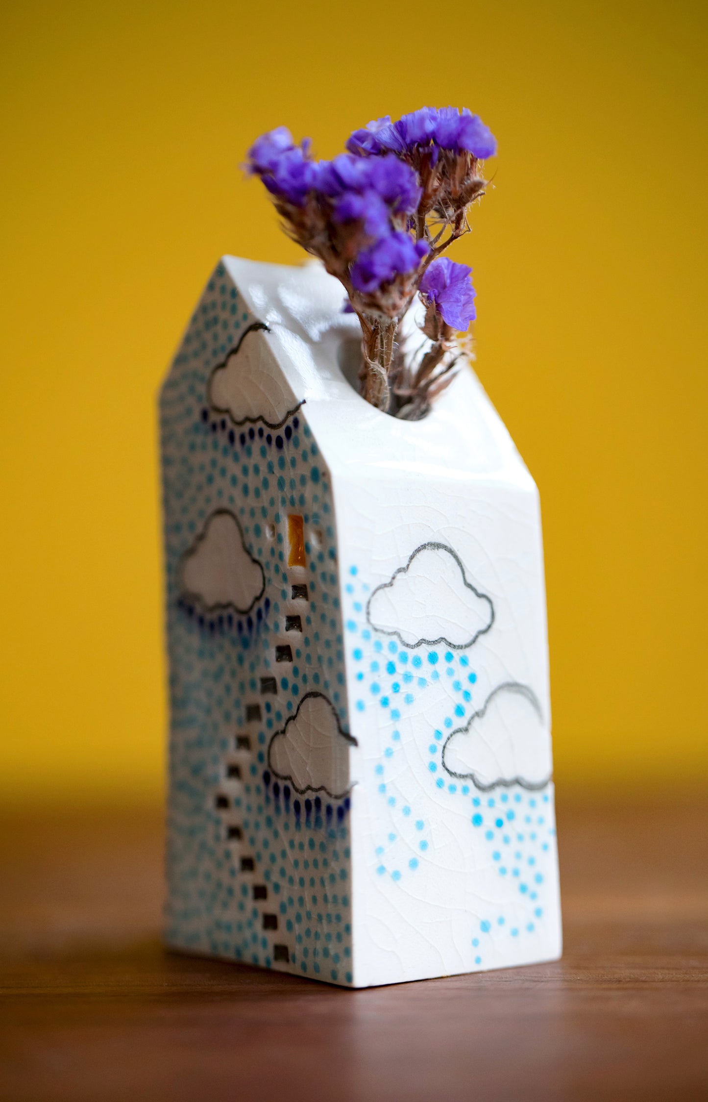 Polka Dot Cloud Bud Vase with Yellow Door and Secret Staircase