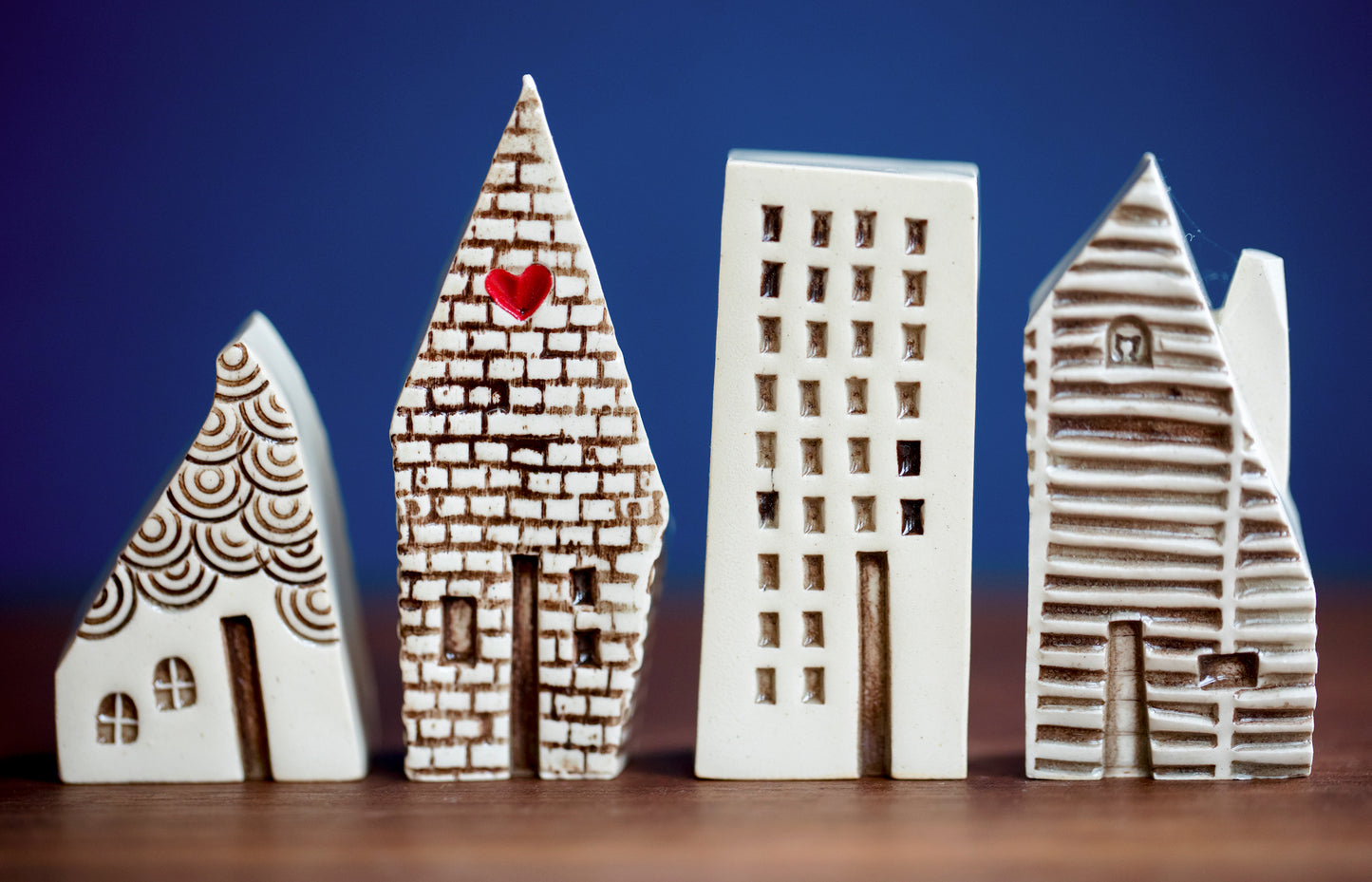 Old World Style Polish Ceramic Houses with Cat and Heart