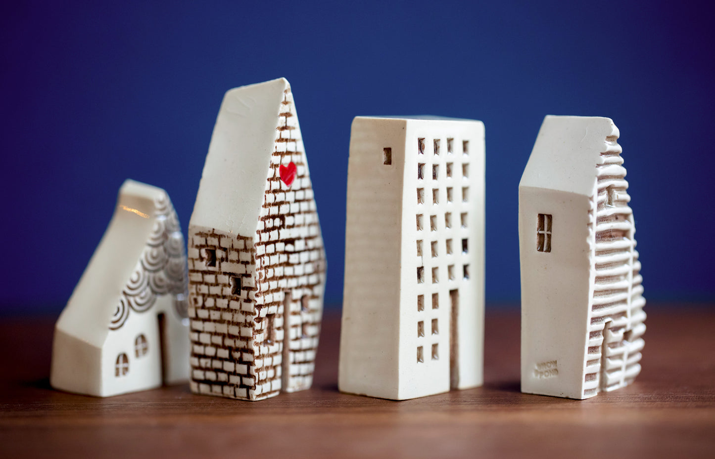Old World Style Polish Ceramic Houses with Cat and Heart