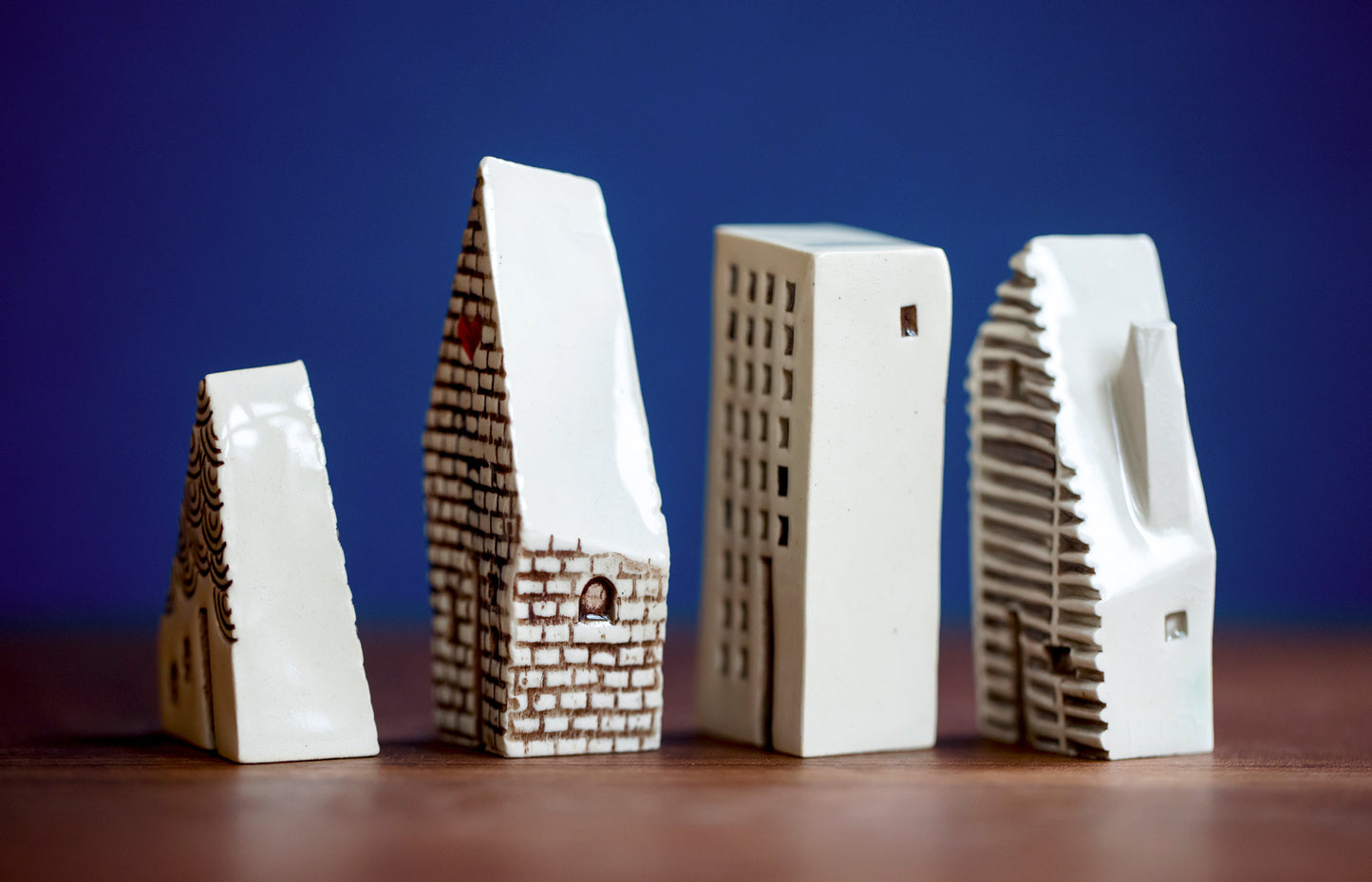 Old World Style Polish Ceramic Houses with Cat and Heart