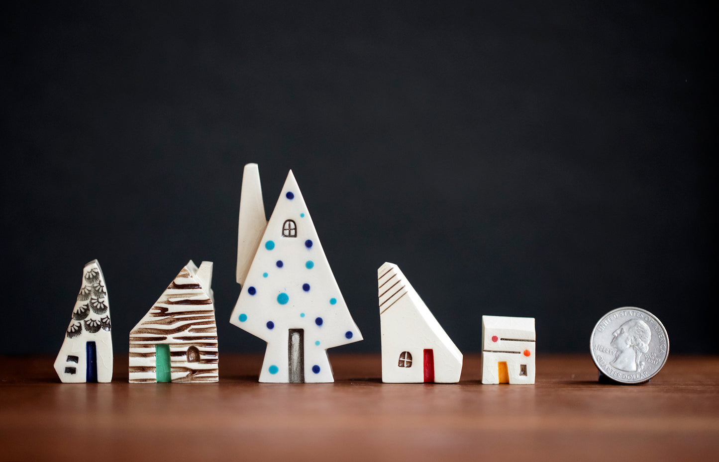 Colorful Holiday Ceramic Village with Blue Dots Tree and Little Houses