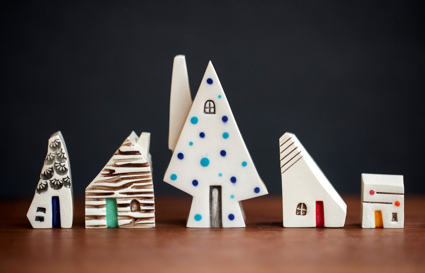 Colorful Holiday Ceramic Village with Blue Dots Tree and Little Houses