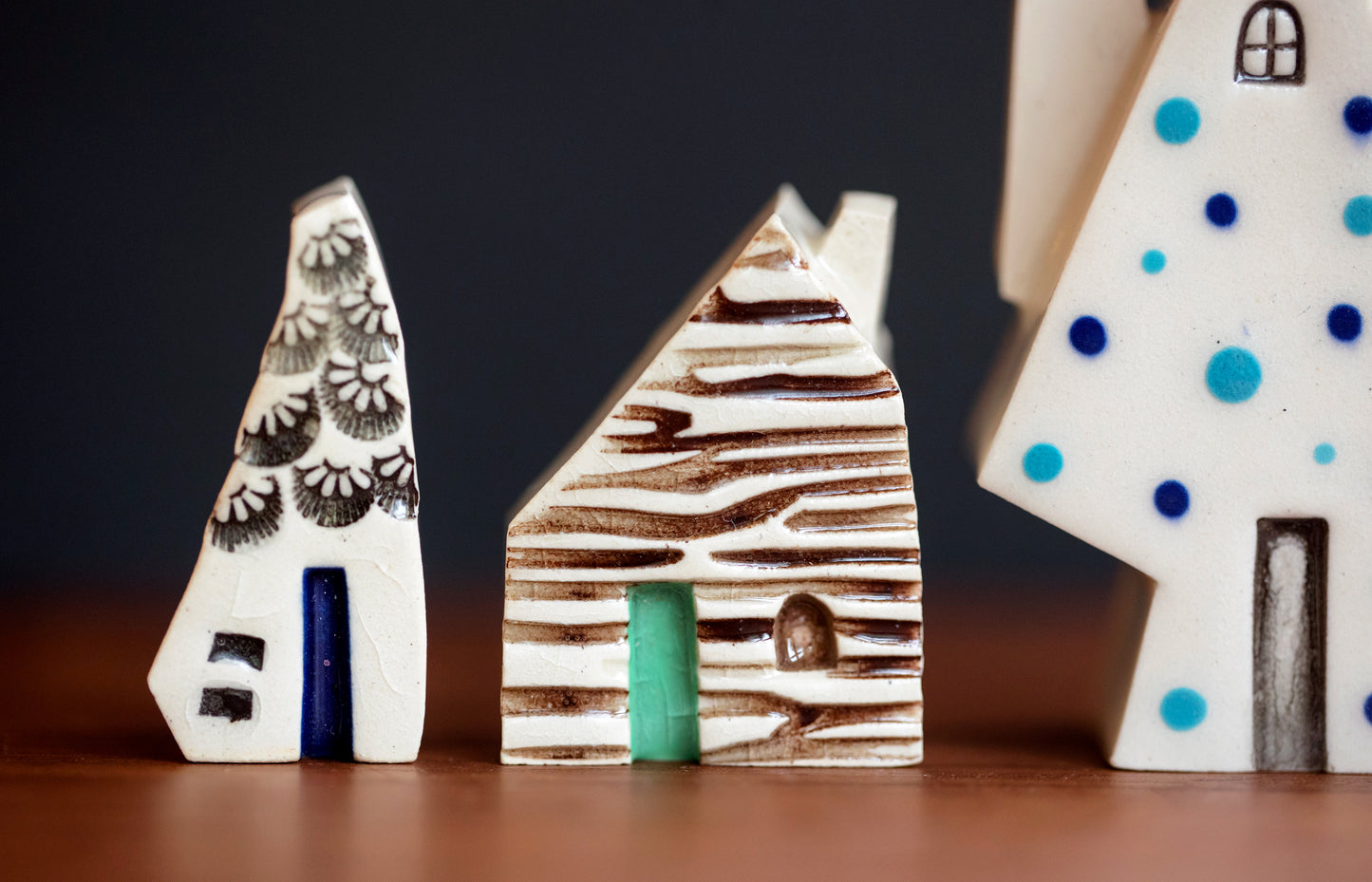 Colorful Holiday Ceramic Village with Blue Dots Tree and Little Houses