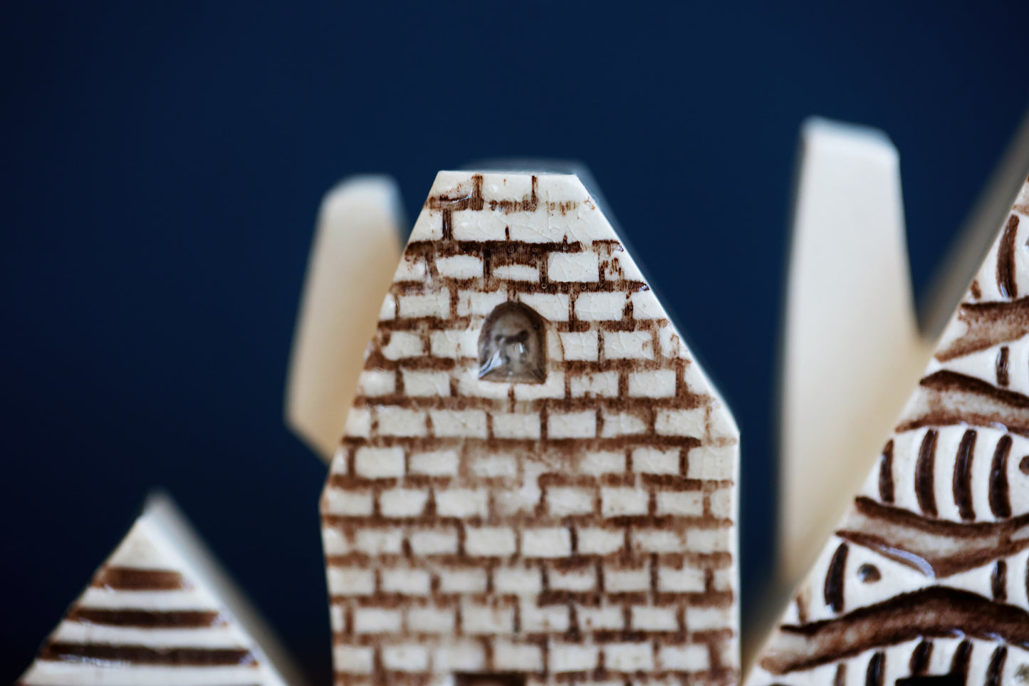 Monochrome Textured Ceramic Houses with Fish Pattern and Cat