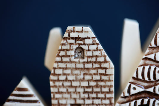 Monochrome Textured Ceramic Houses with Fish Pattern and Cat