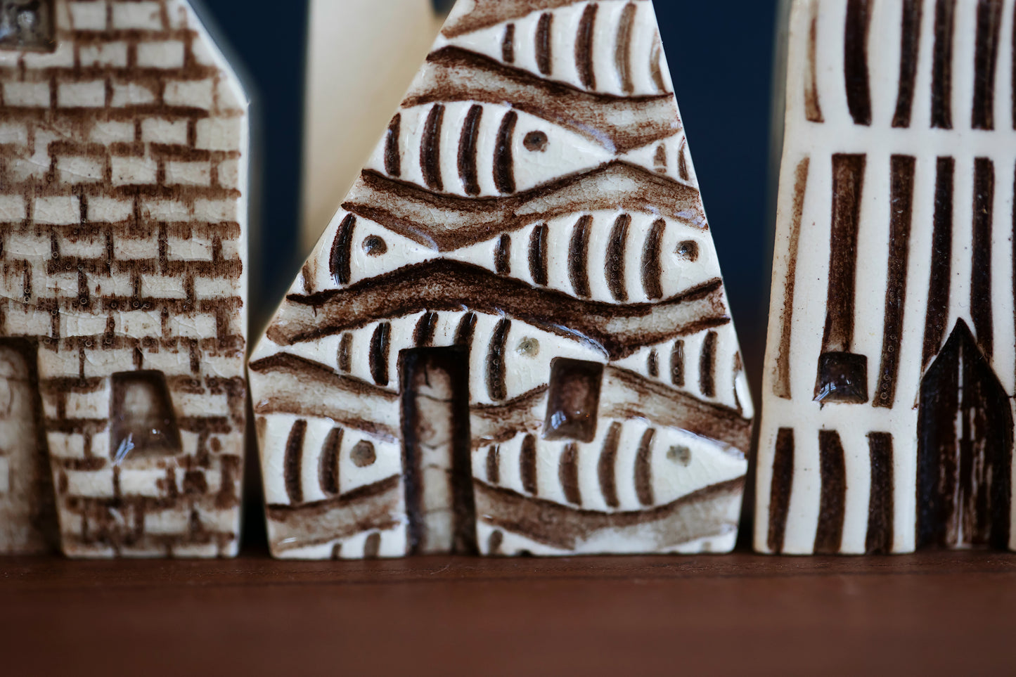 Monochrome Textured Ceramic Houses with Fish Pattern and Cat