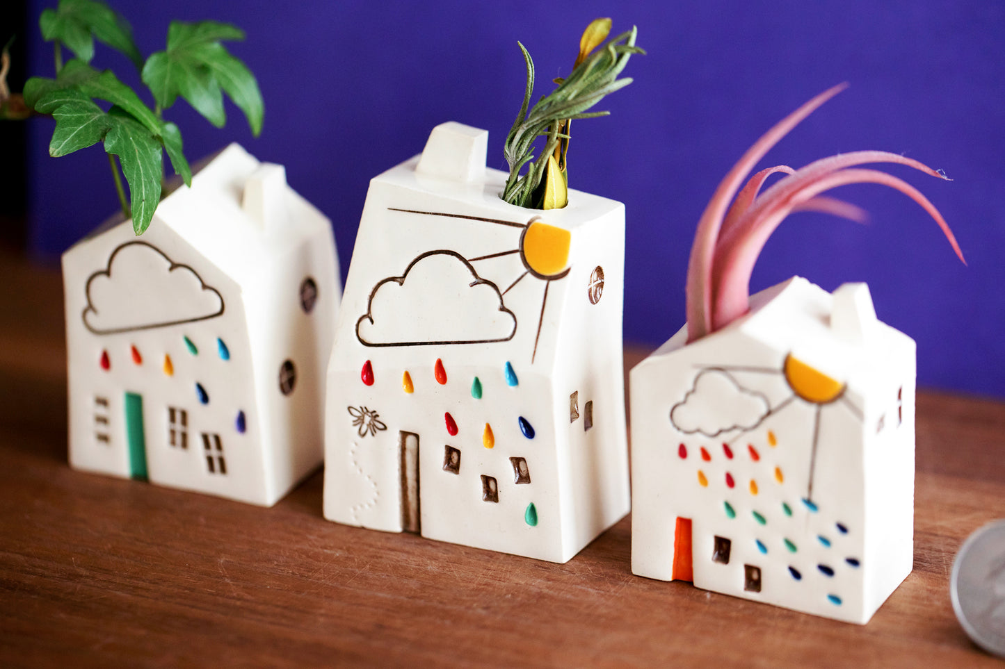 Rainbow Raindrop Cloud House Bud Vases