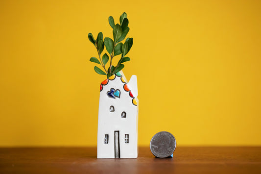 Rainbow Ceramic House Bud Vase with Hearts and Tiny Windows