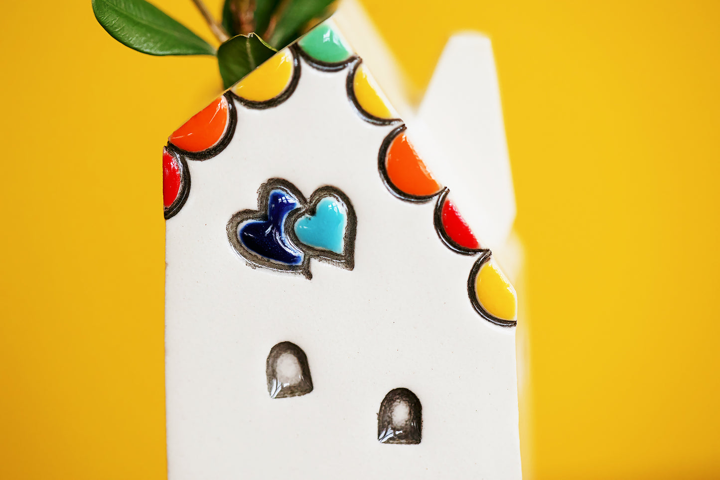 Rainbow Ceramic House Bud Vase with Hearts and Tiny Windows
