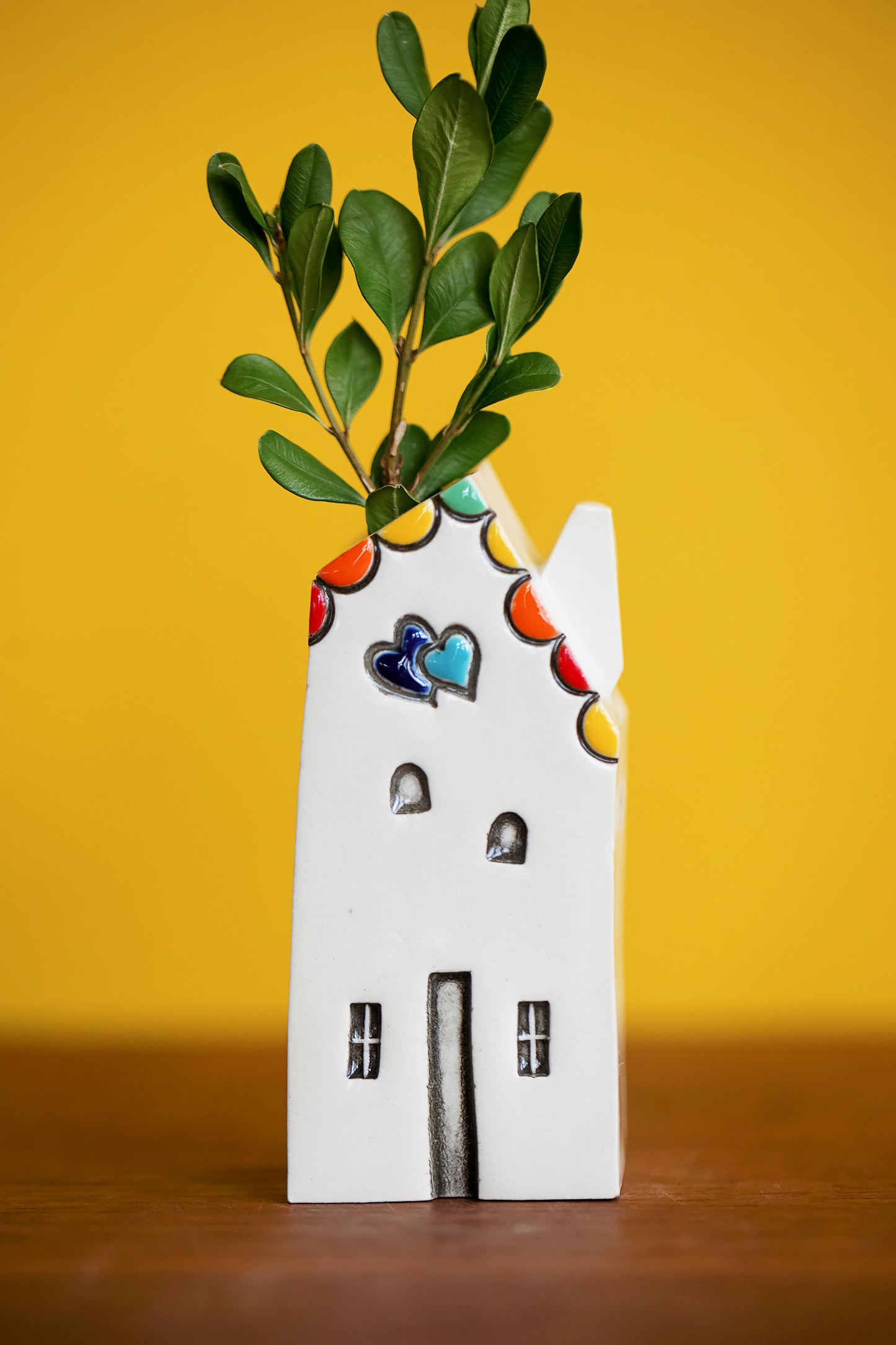 Rainbow Ceramic House Bud Vase with Hearts and Tiny Windows