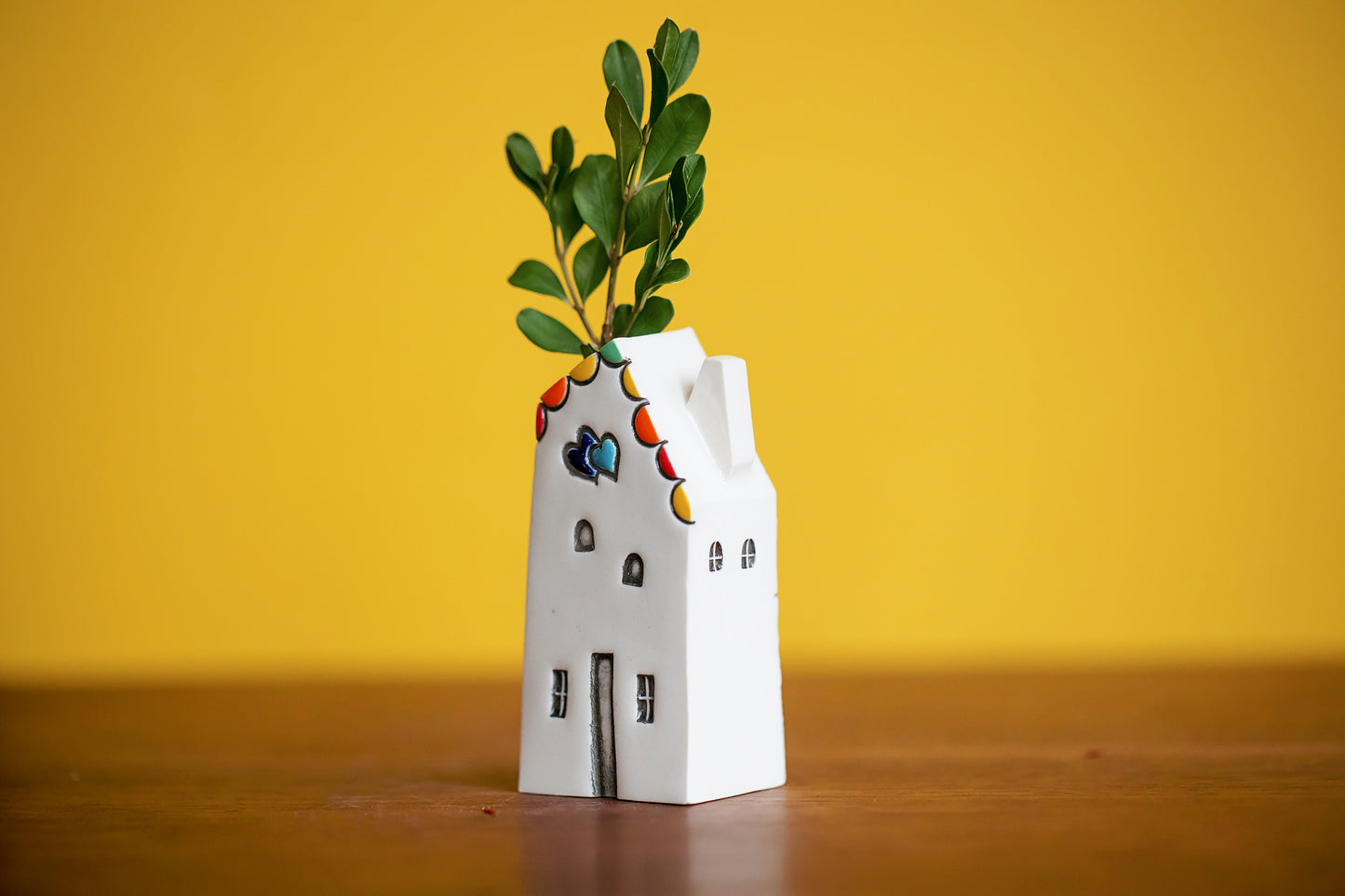 Rainbow Ceramic House Bud Vase with Hearts and Tiny Windows