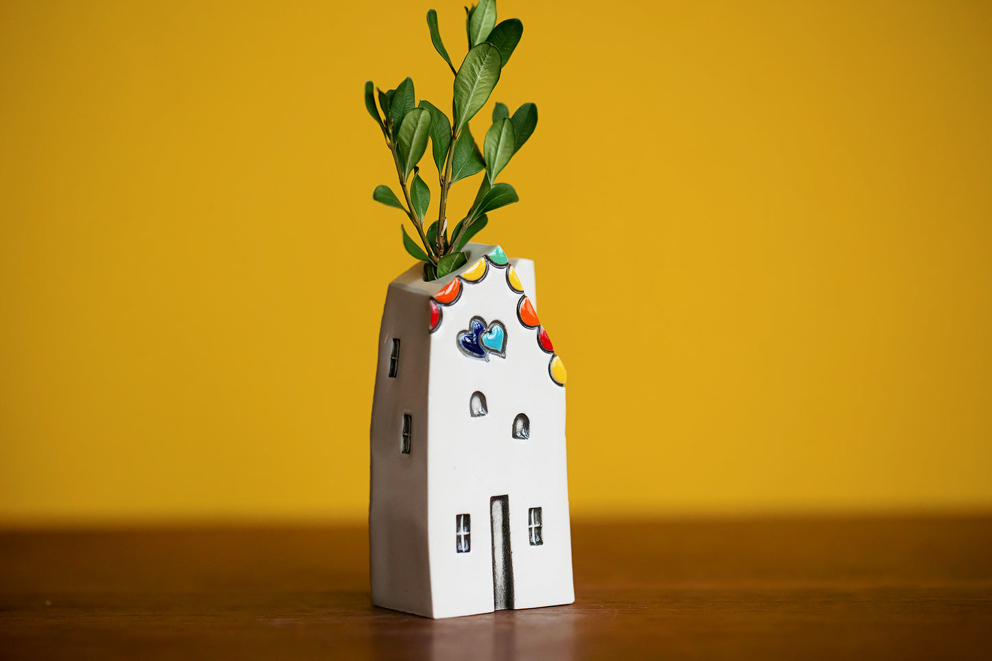 Rainbow Ceramic House Bud Vase with Hearts and Tiny Windows