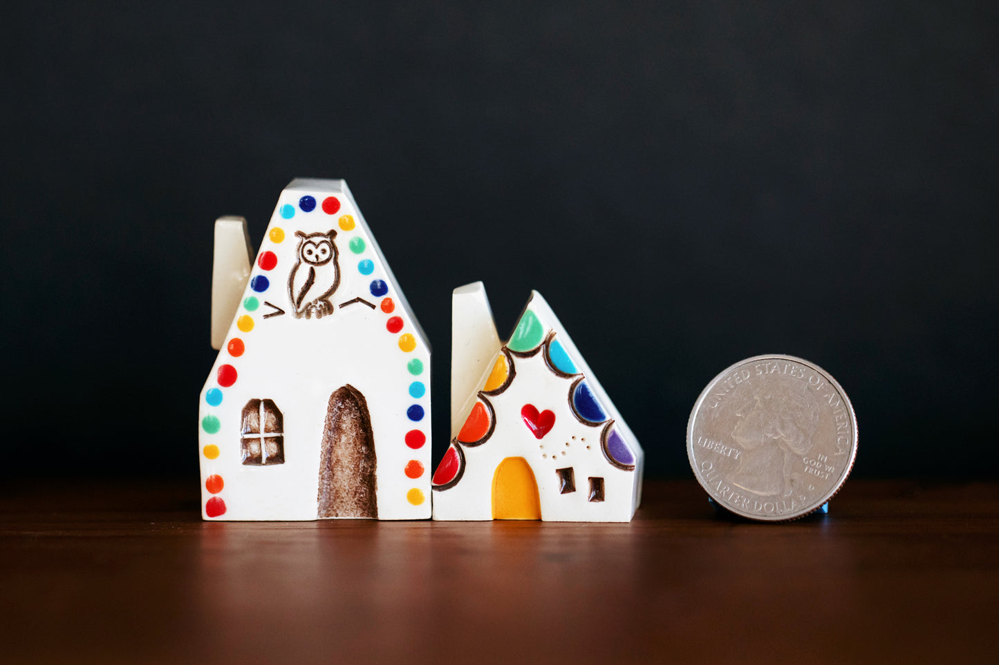 Polka Dot Rainbow Village with Owl and Red Heart